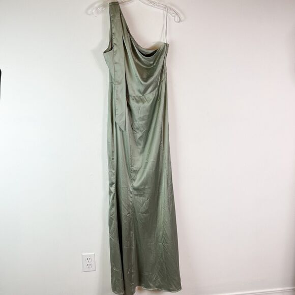 Area Stars NWT One Shoulder Bow Tie Satin Maxi Dress Sage Green Size M